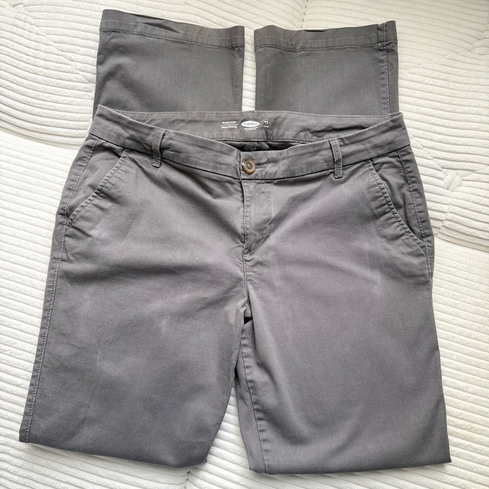Old Navy Size 12 Long Bootcut Gray Khaki Pants High Rise Stretch | Casual
